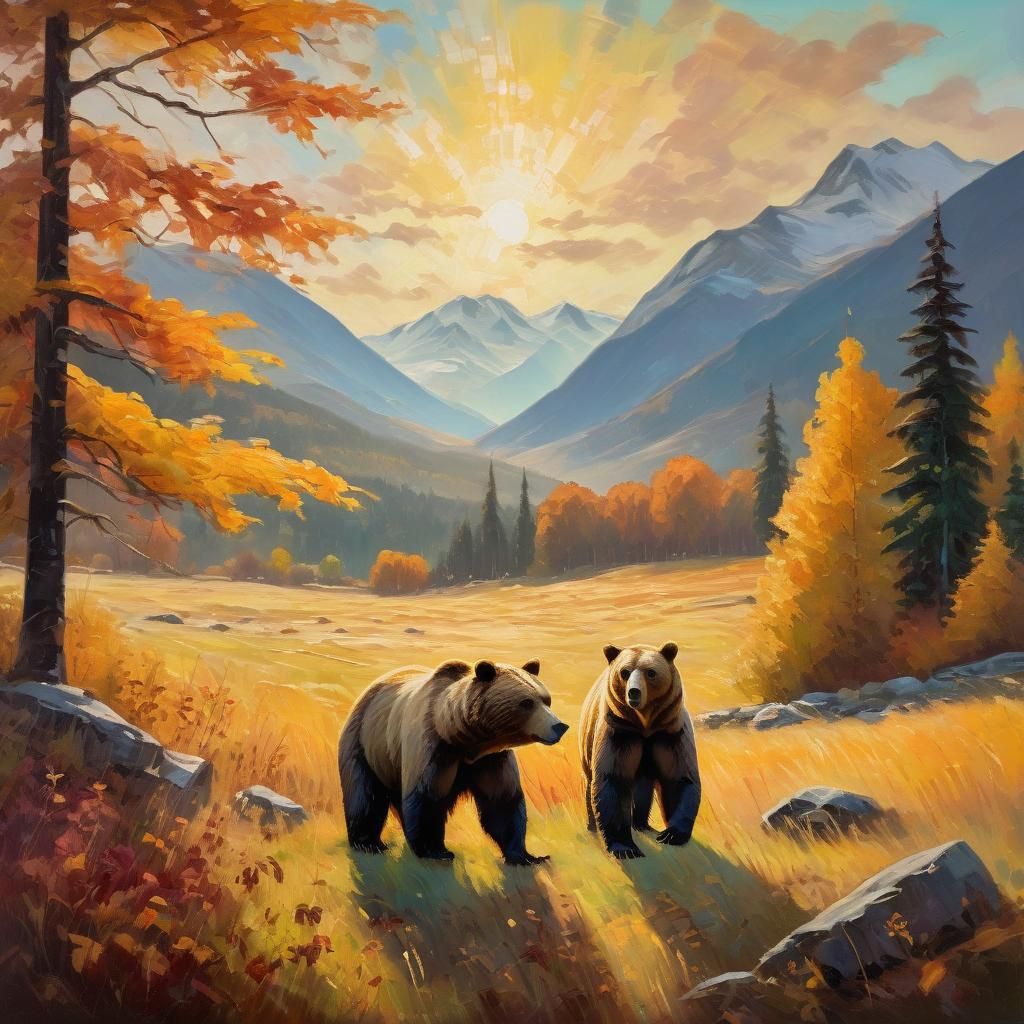 Bears in Autumnal Meadow, Fauvist Oil Painting
