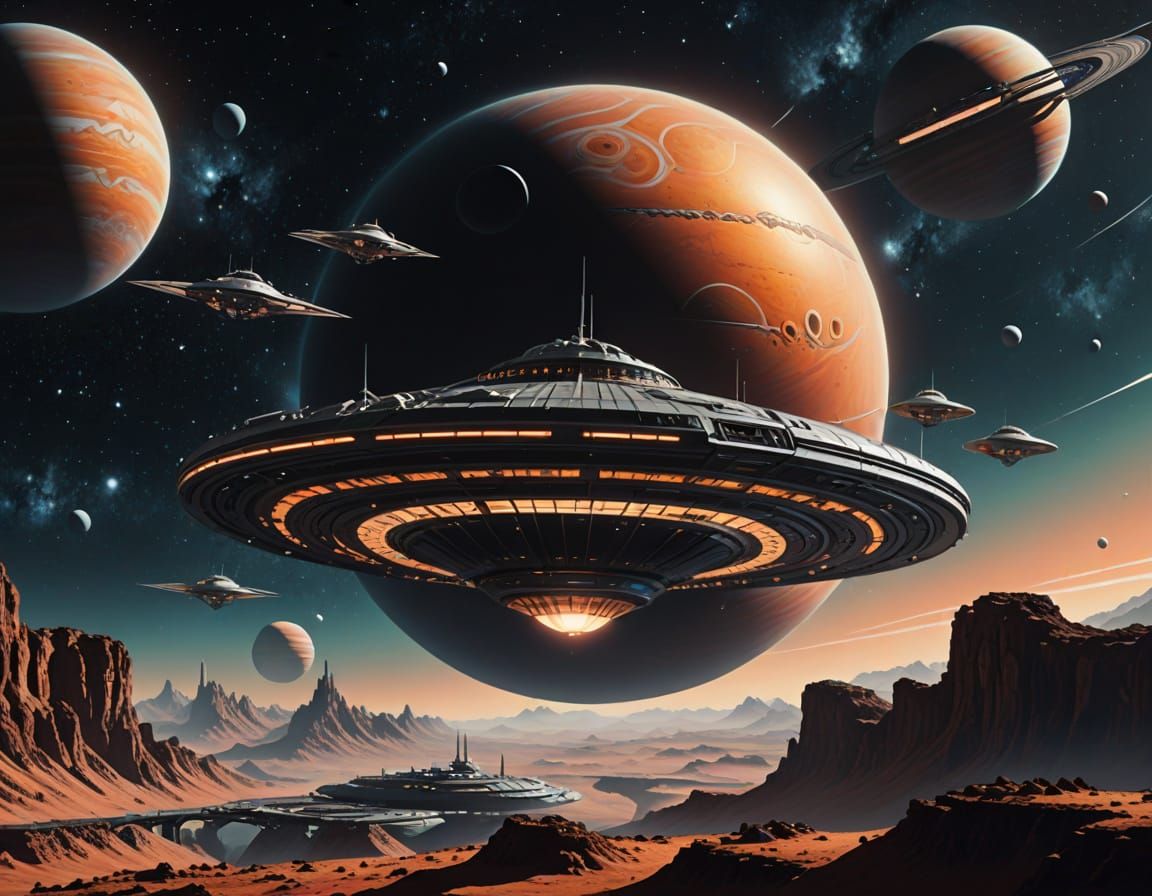 Retro Space Station Orbiting Gas Giant