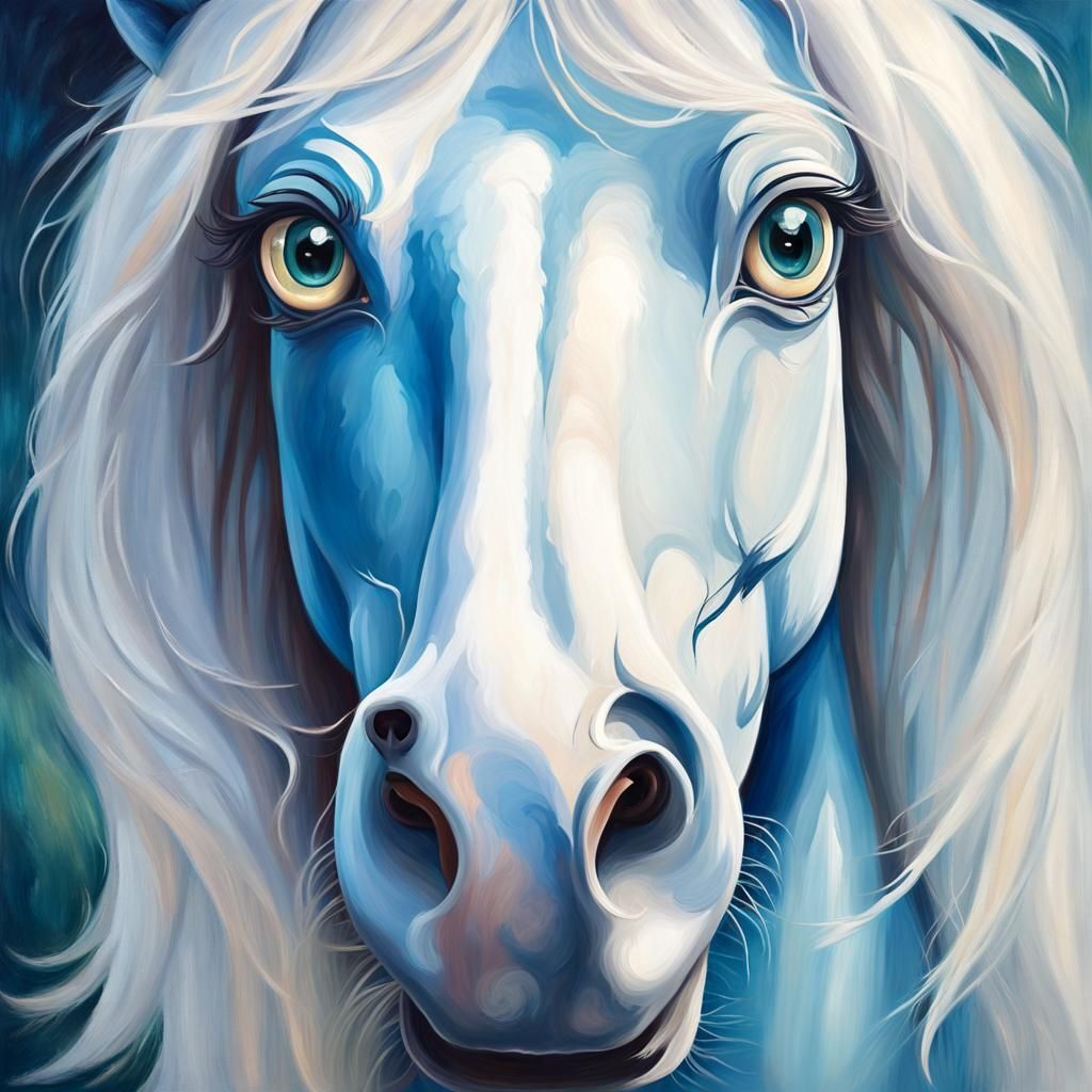 Large-Eyed Blue Horse Portrait as Oil Painting