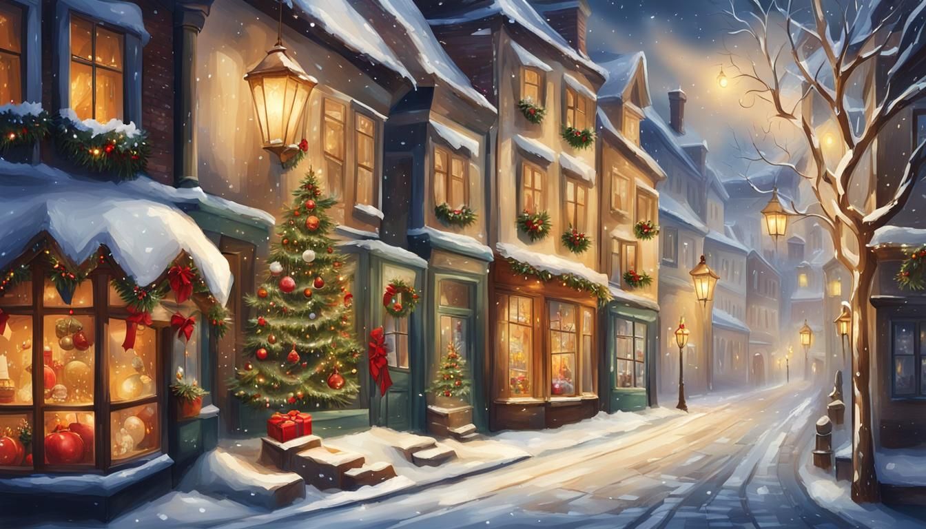 Winter Street Scene with Christmas Decorations