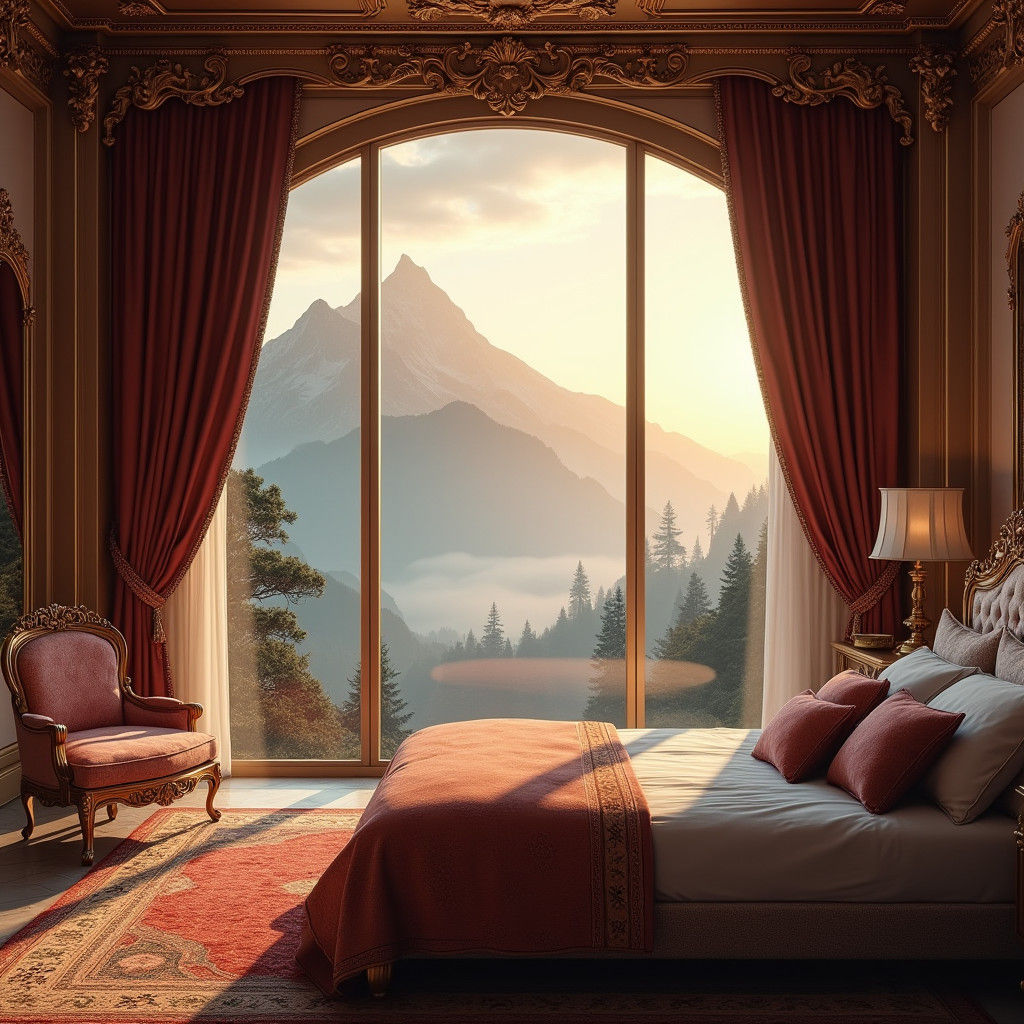 Opulent Bedroom with Mountain View, Fantasy Concept Art