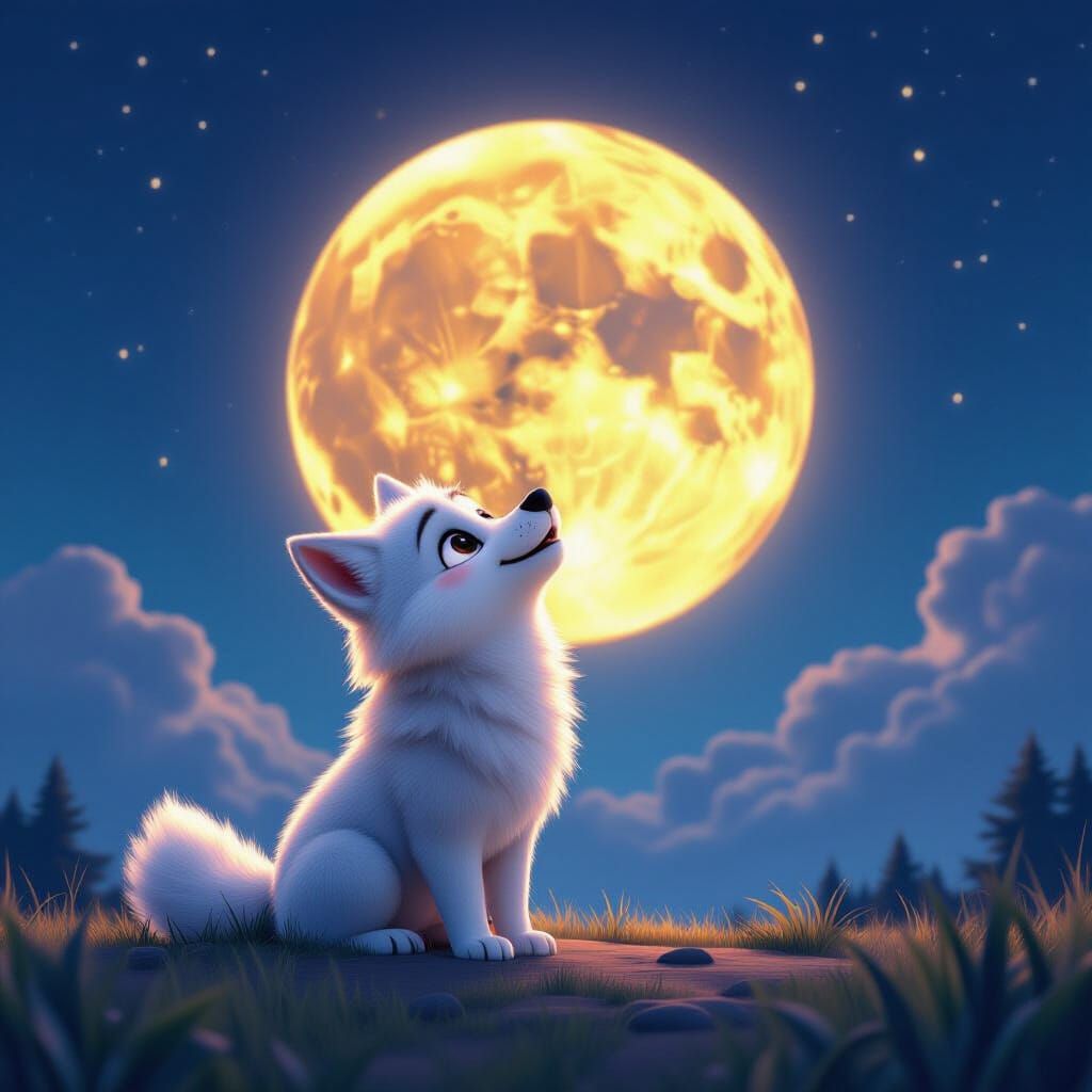 Fluffy Wolf Howling at Giant Full Moon in Pixar Style