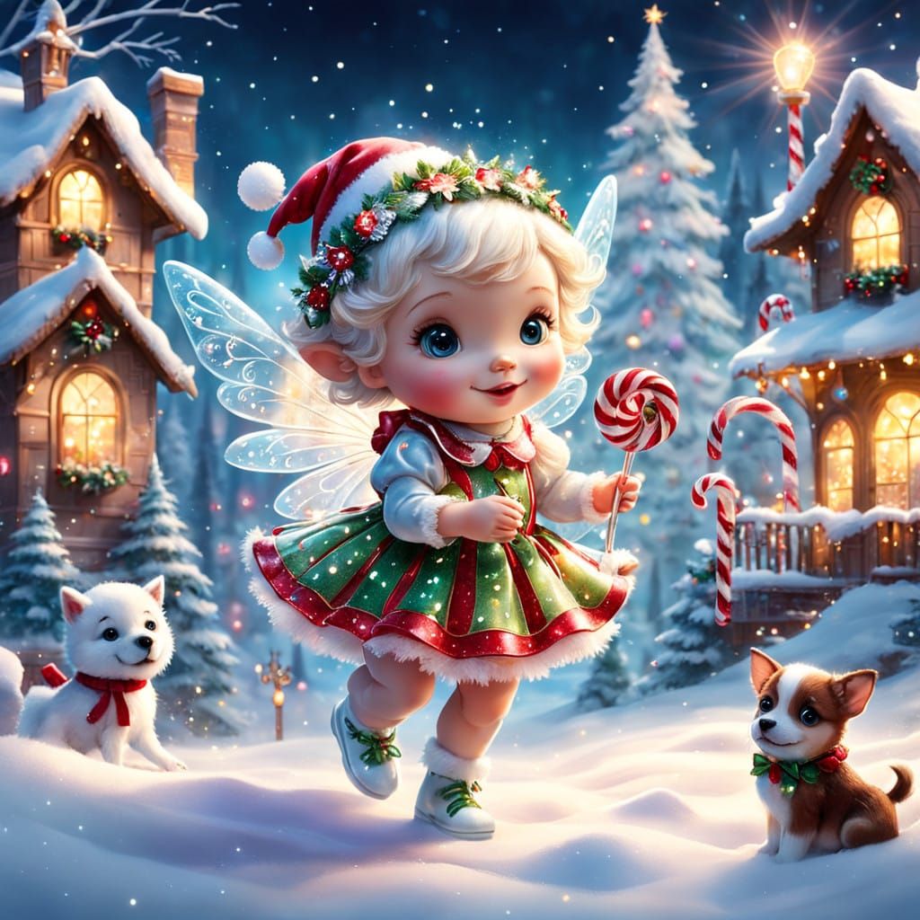 Glowing Christmas Fairy Plays with a Golden Puppy in a Whims...