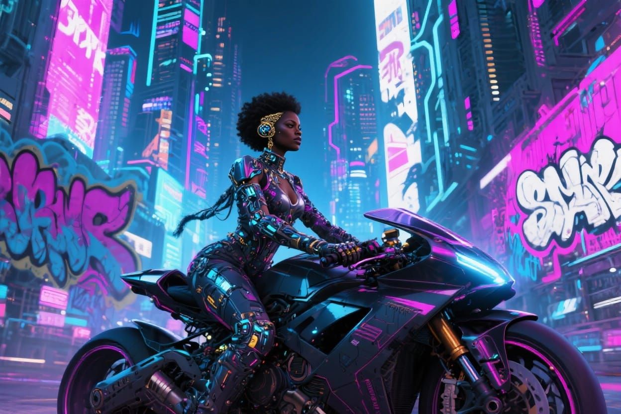 Cyberpunk Queen Rides Neon Motorcycle Through Metropolis