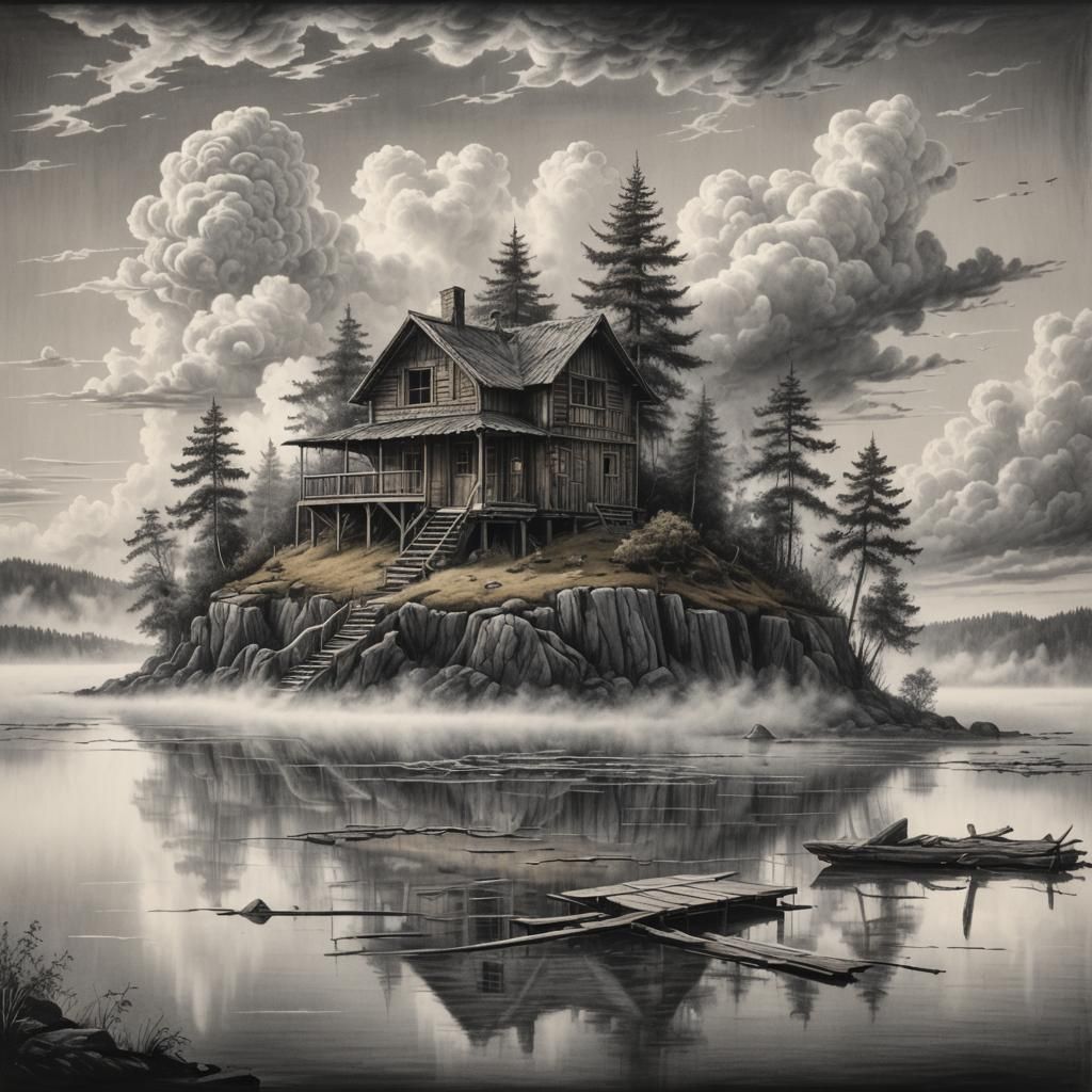 Cabin on Floating Island in Charcoal Drawing