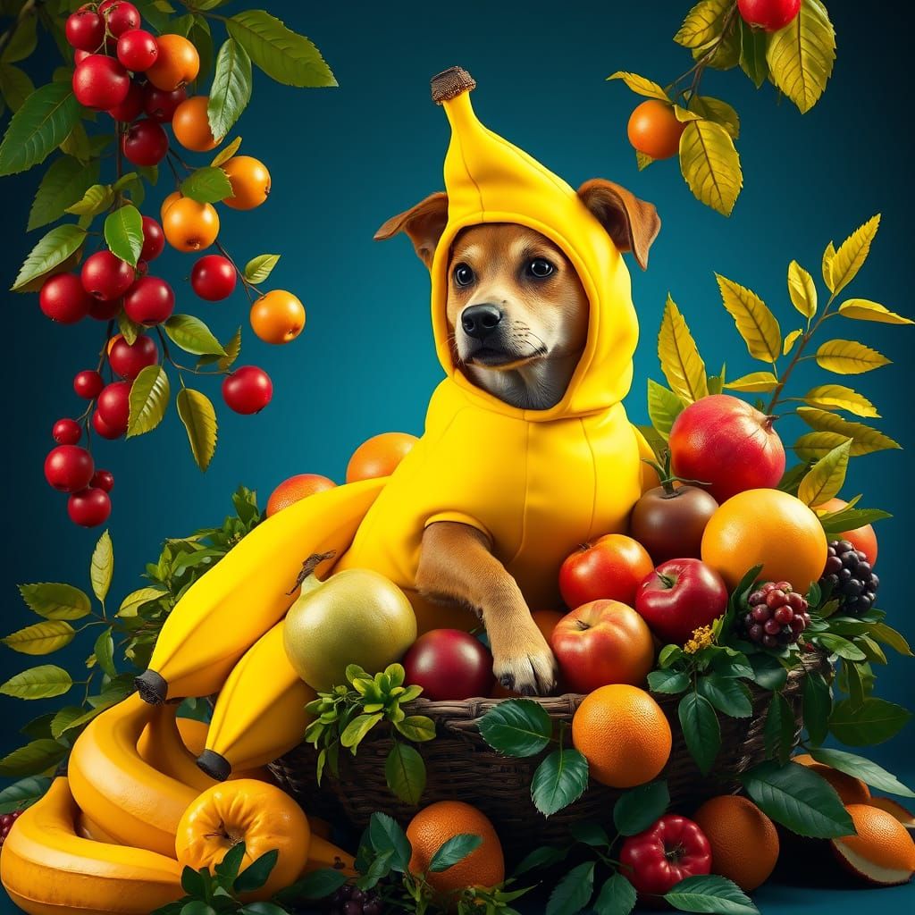 Banana Dog in a Lush Fruit Bowl Scene, in Detailed Matte Pai...