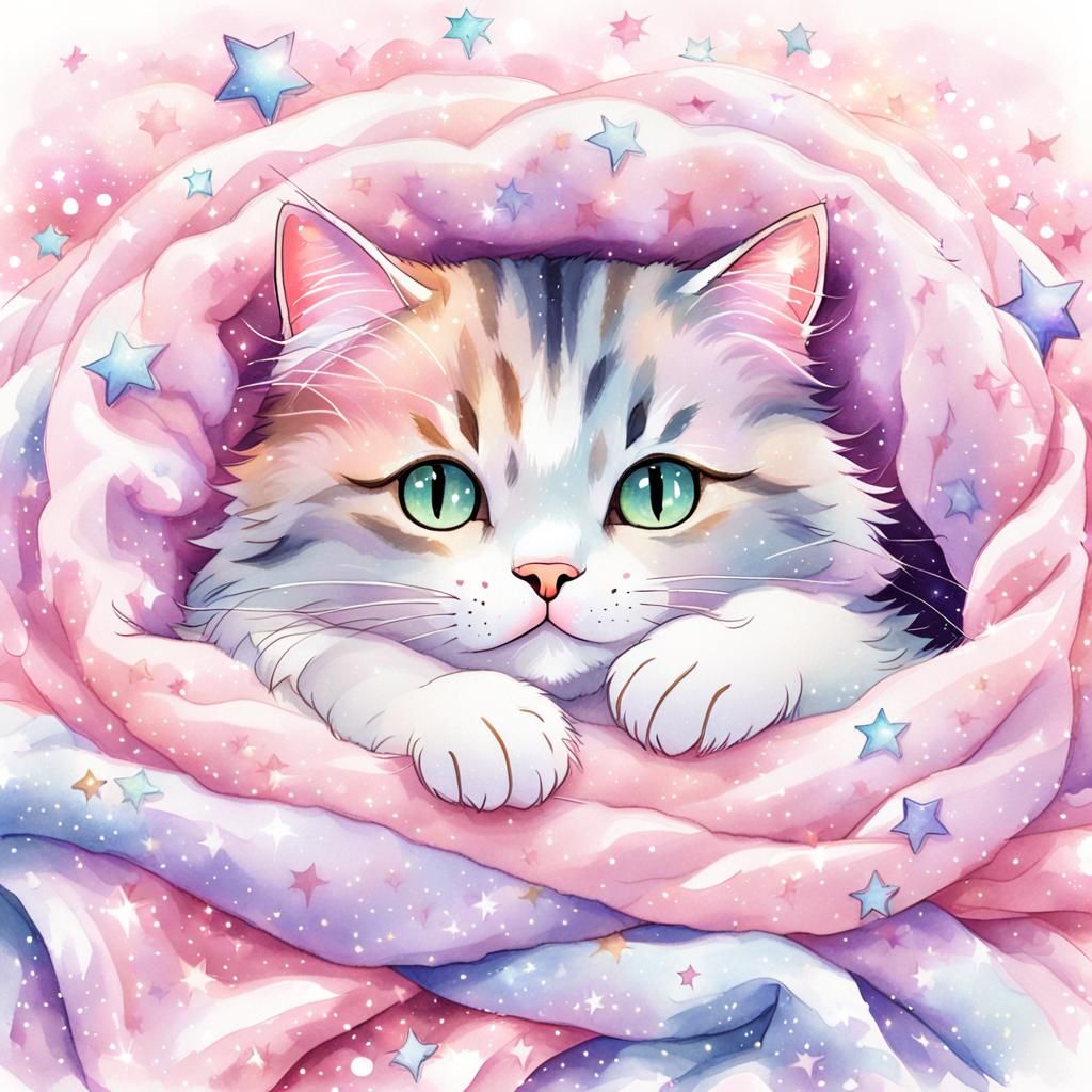 Content Cat Curled Up in Kawaii Pastel Art