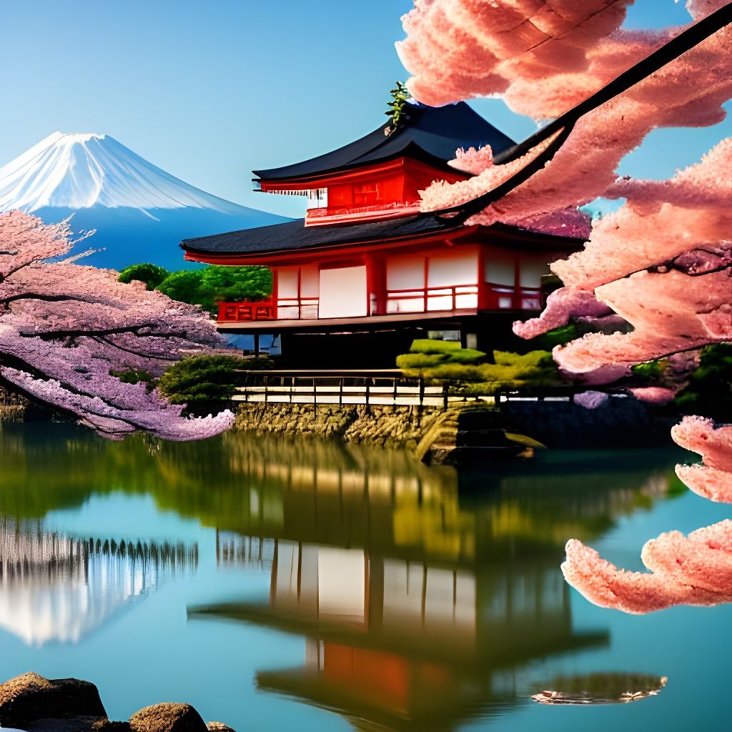 Burning Japanese Temple with Cherry Blossoms