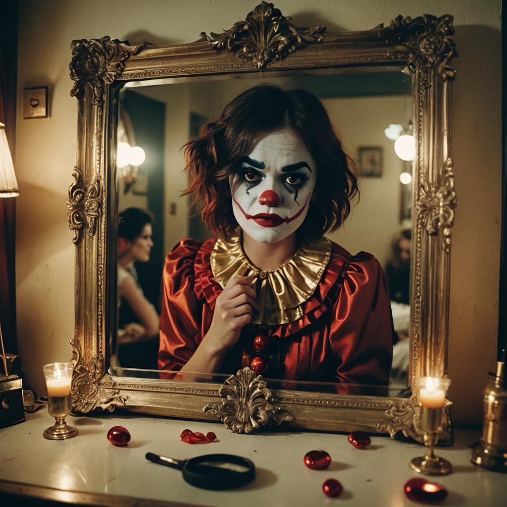 Clown Reflection in Old Hollywood Style