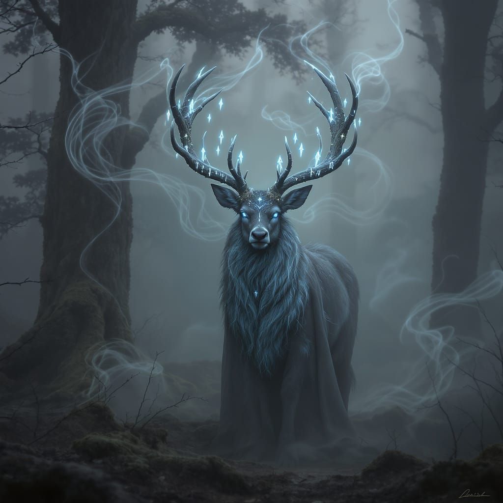 Mystical Deer Spirit in Fog-Shrouded Forest