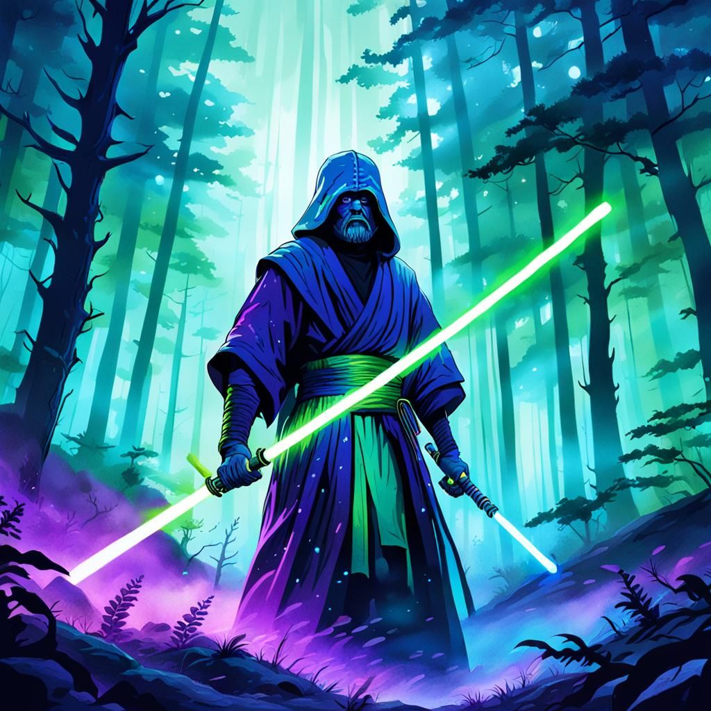Jedi Lightsaber Duel in Misty Forest, Abstract Expressionism