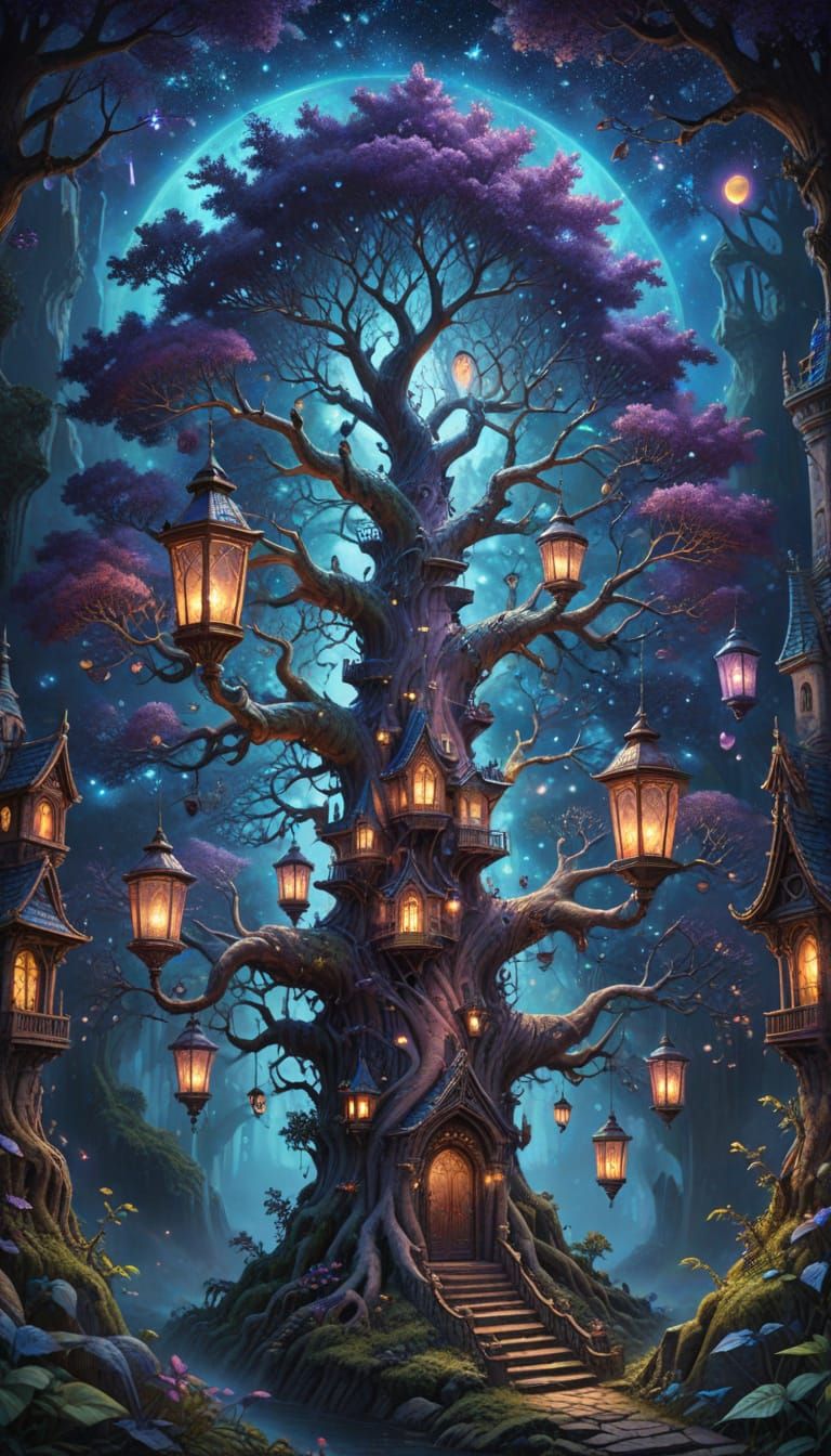 Elven Treehome Lit by Spirited Lanterns in Vibrant Oil Style