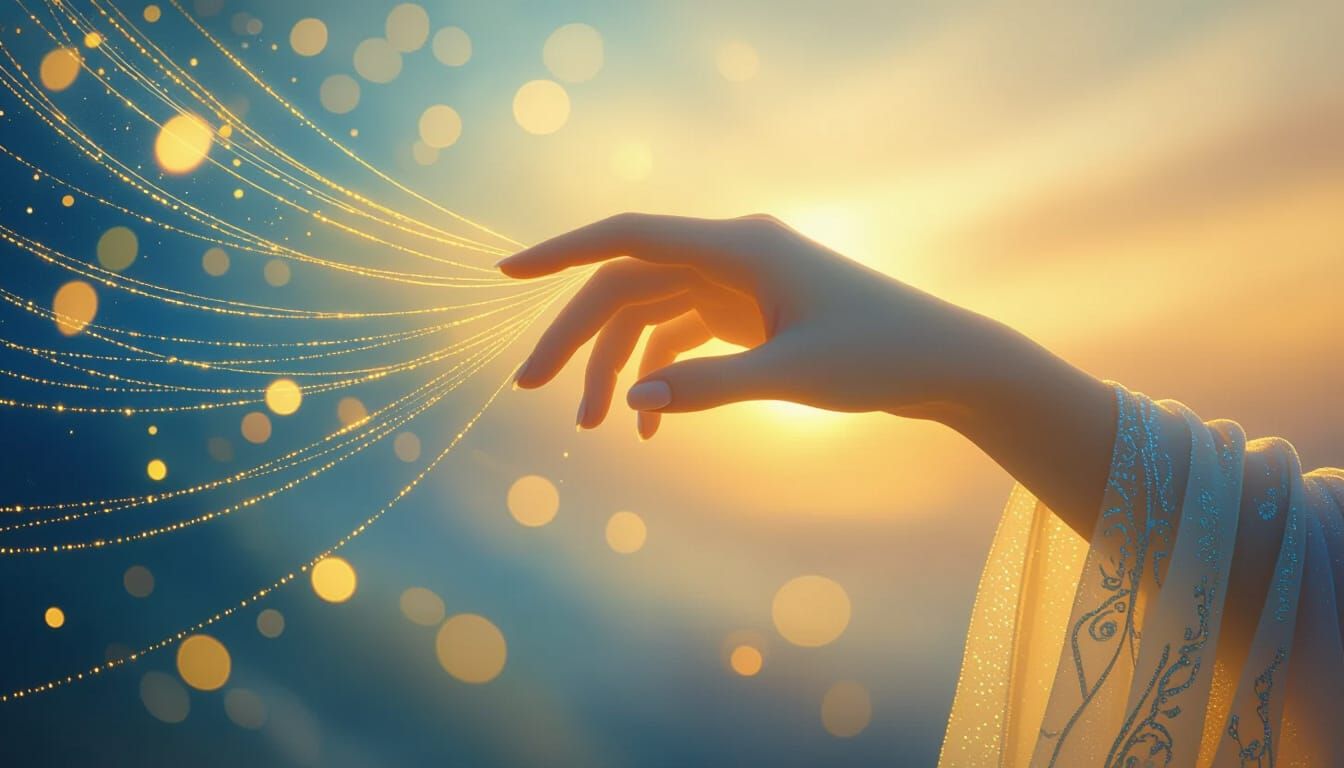 Elegant Hand Touching Invisible Strings at Ethereal Dawn