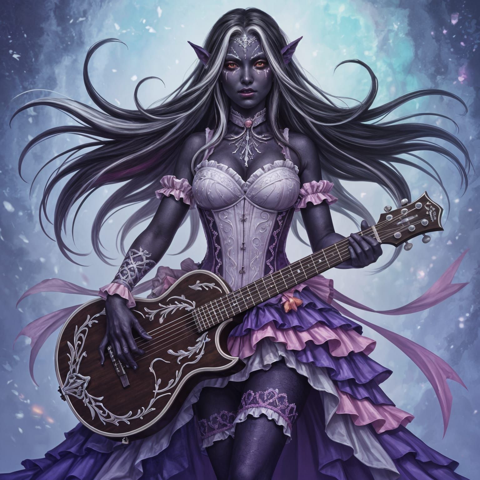 Drow Bard Portrait with Silver Guitar