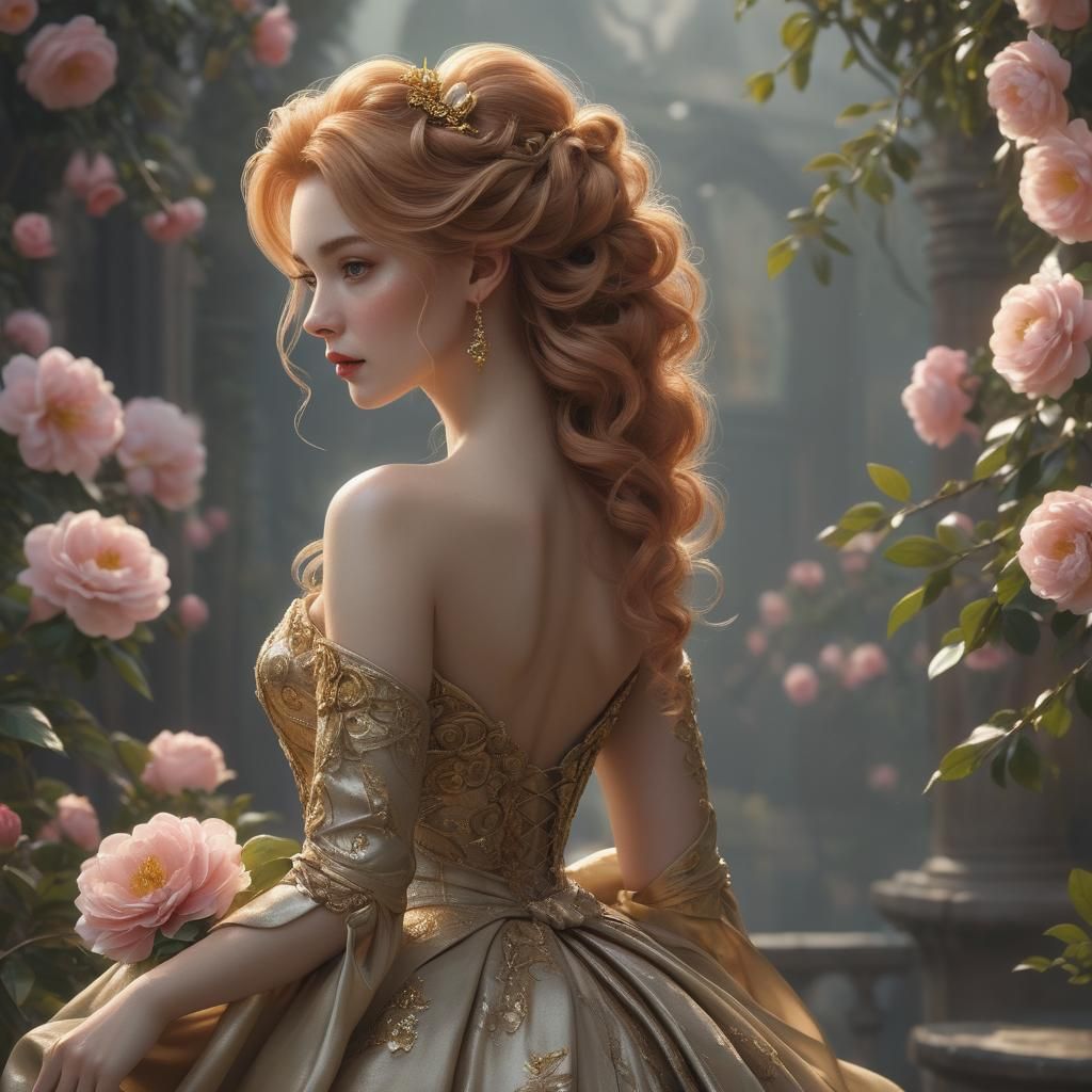 Girl in Camellia Dress: Detailed Matte Painting
