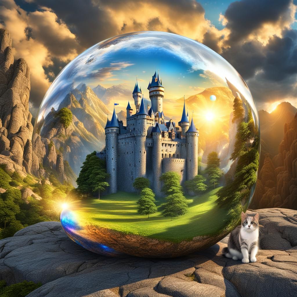 Magical Castle Encased in Glass Orb in Mountains