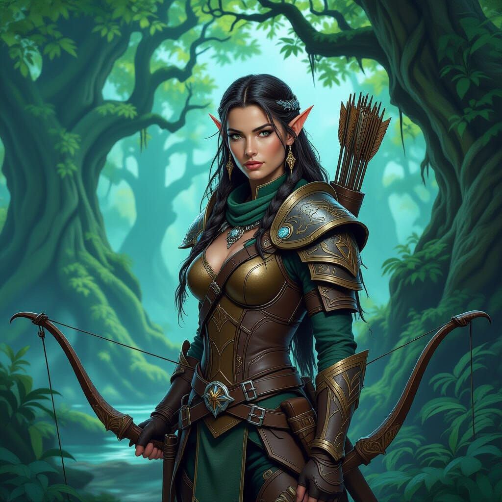 Elven Ranger in Mystical Forest, Warcraft-Inspired Fantasy A...