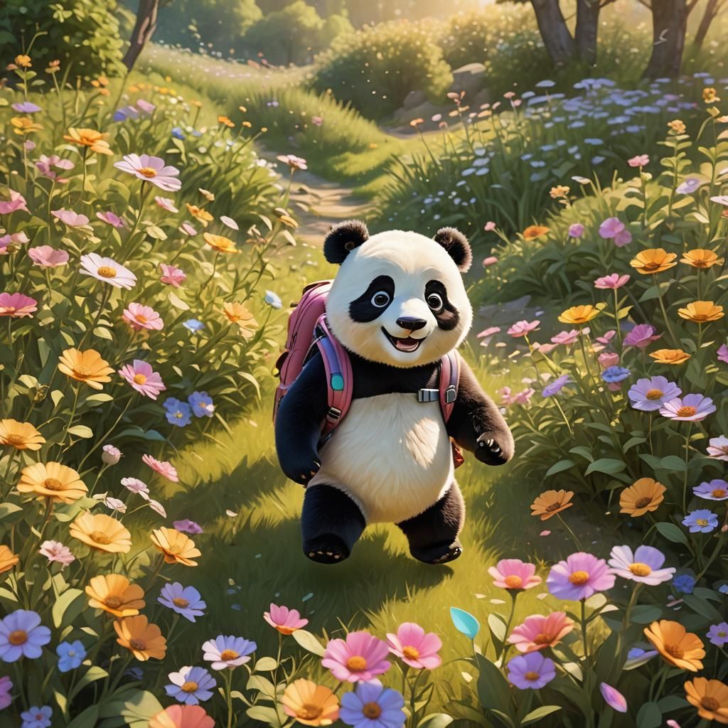 Panda's Playful Meadow Hop: Pixar-Style 3D Art