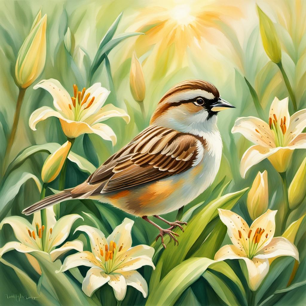 Sparrow's Song: Impressionistic Lily Pad Serenade