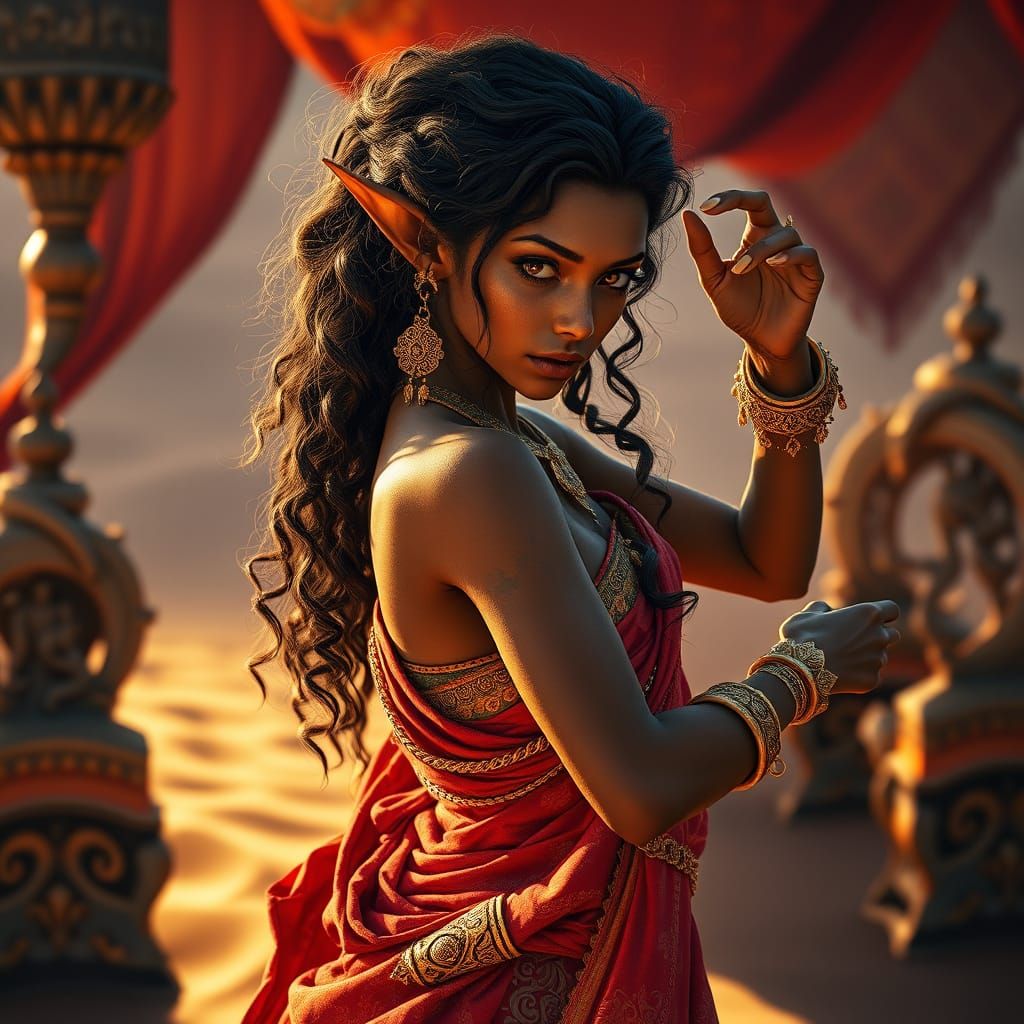 Sultry Desert Elf Dancer in Golden Hues