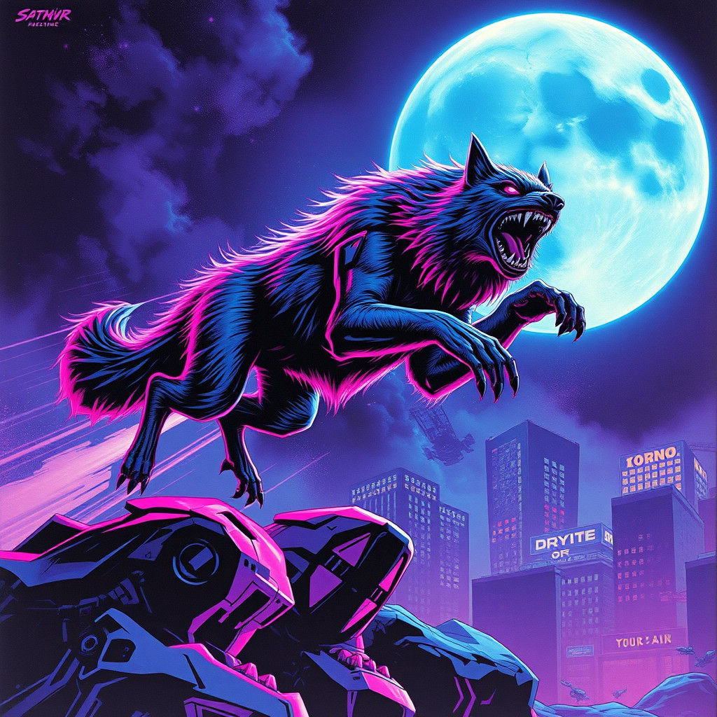 Synthwave Wolf Attack in Neon Retro Style