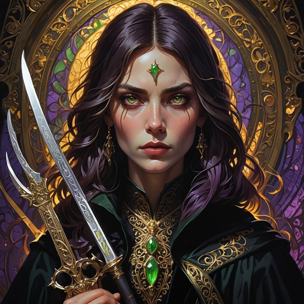 Dark Fantasy Woman with Knife in Chiaroscuro Lighting