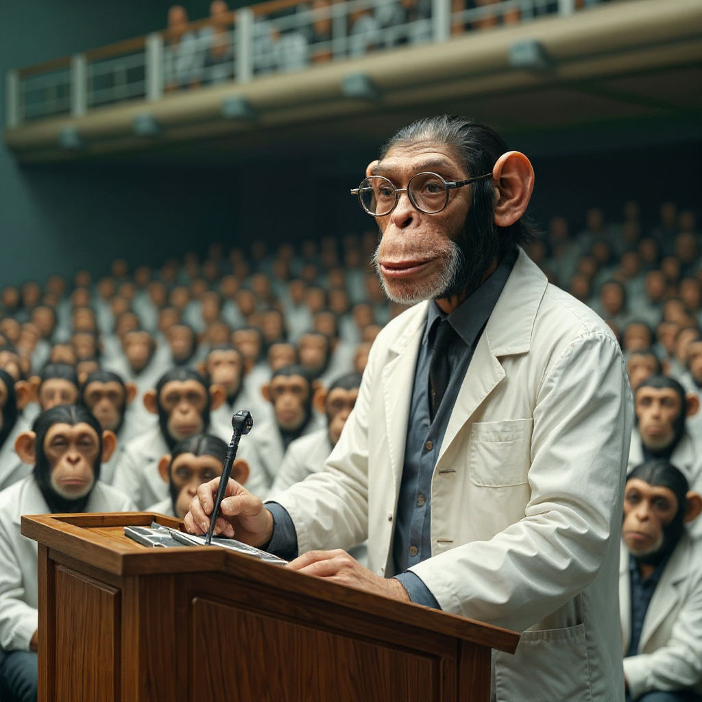Scientist Lecturing Chimpanzees in Lab