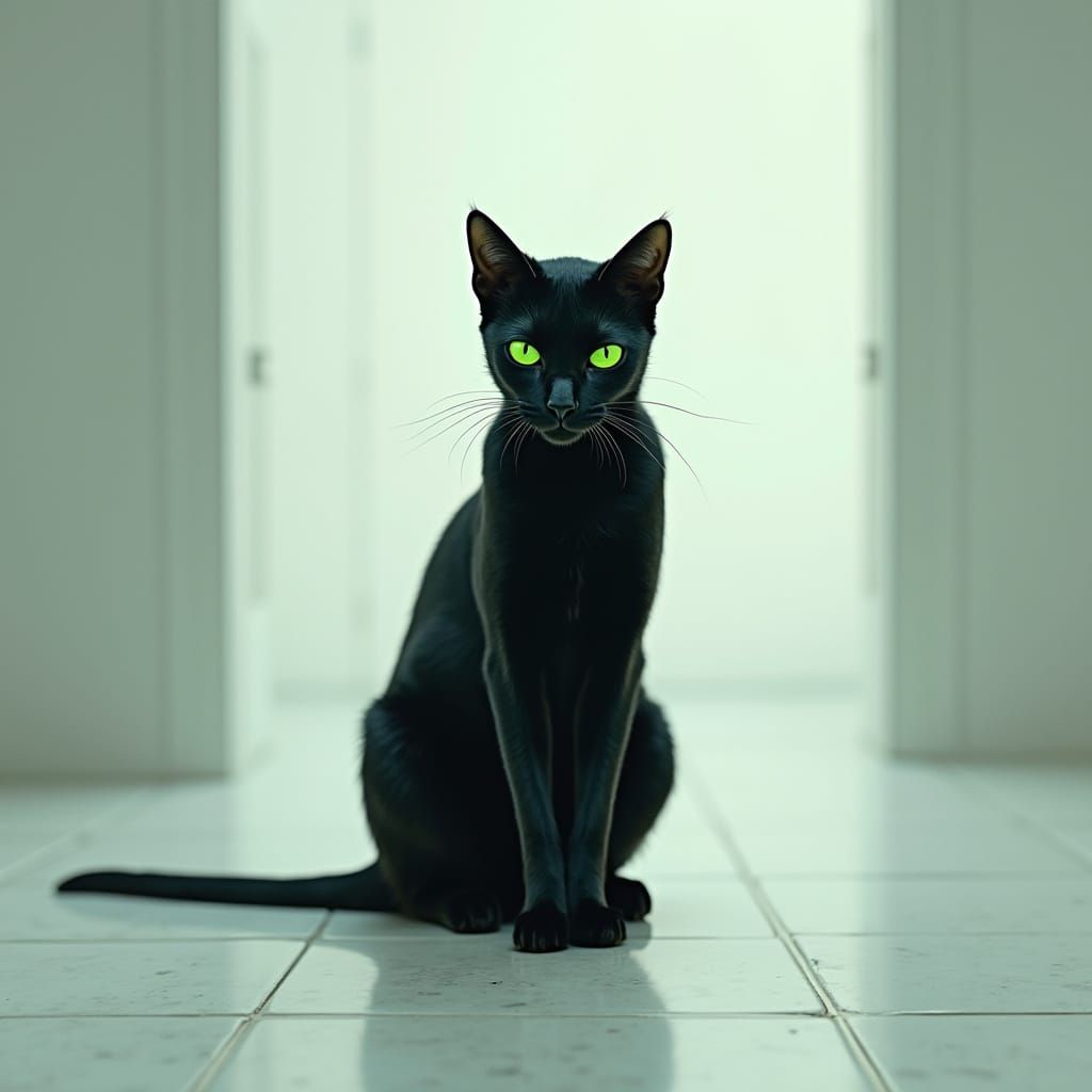 Mysterious Black Cat in a Haunting White Room