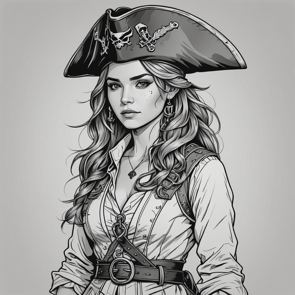 Minimalist Female Pirate Line Art on White