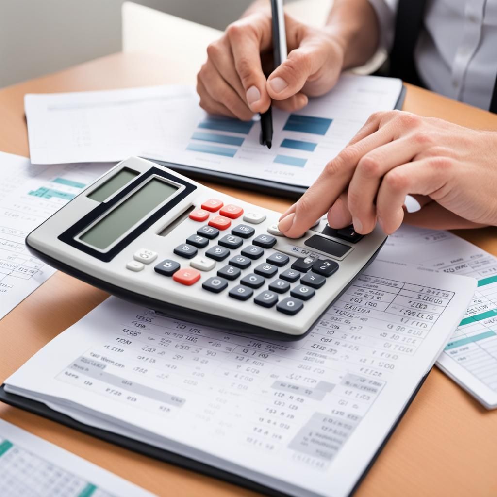 Educator Managing Finances with Calculator and Reports