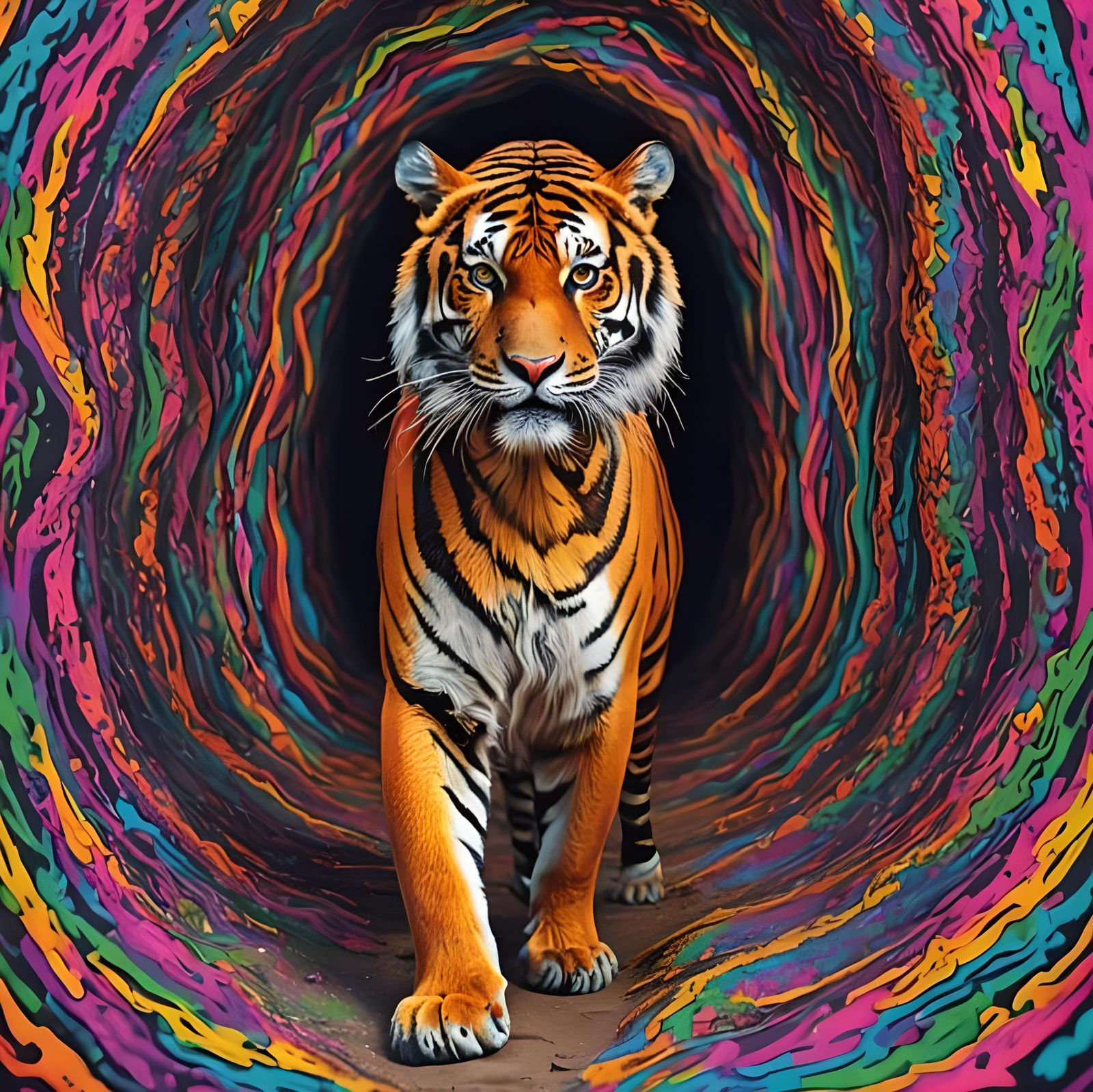 Psychedelic Tiger in Vivid Color Tunnel