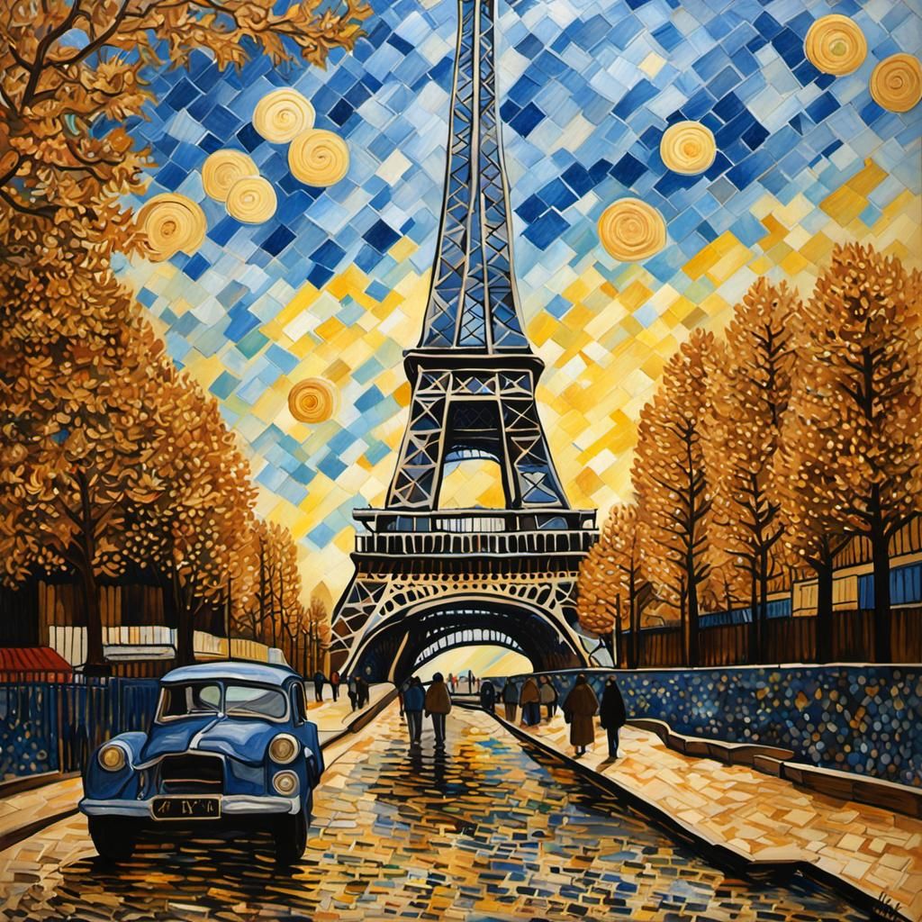 Eiffel Tower in Paris: Gouache Painting in Van Gogh Style