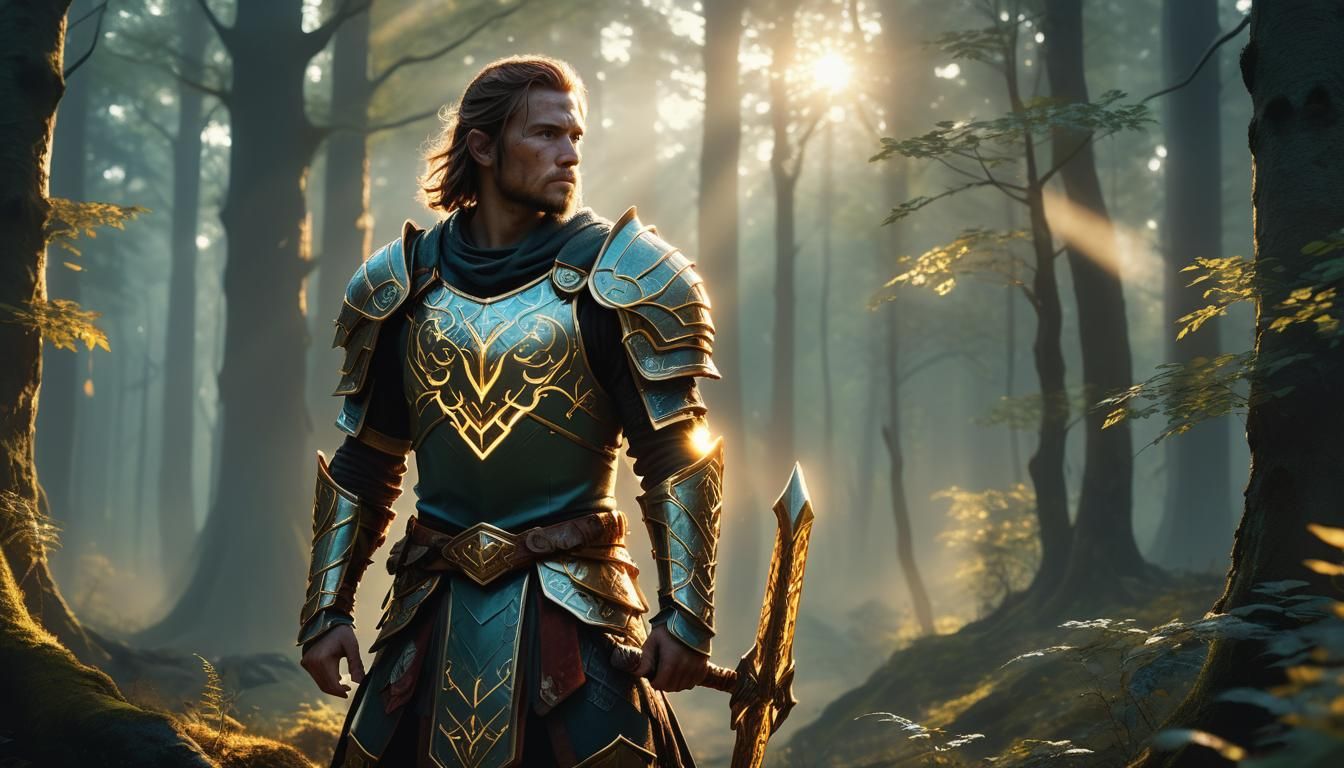 Brave Warrior in Mystical Forest at Golden Hour