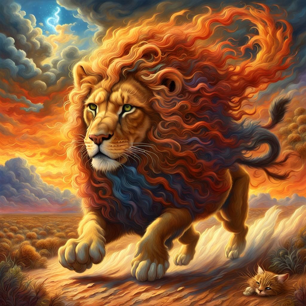 Lion Chasing Cat in Desert Storm, Digital Matte Painting