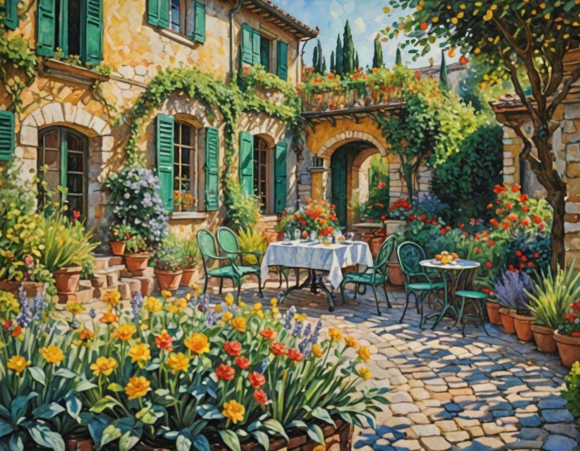 Italian Villa Garden in Impasto Watercolor Style