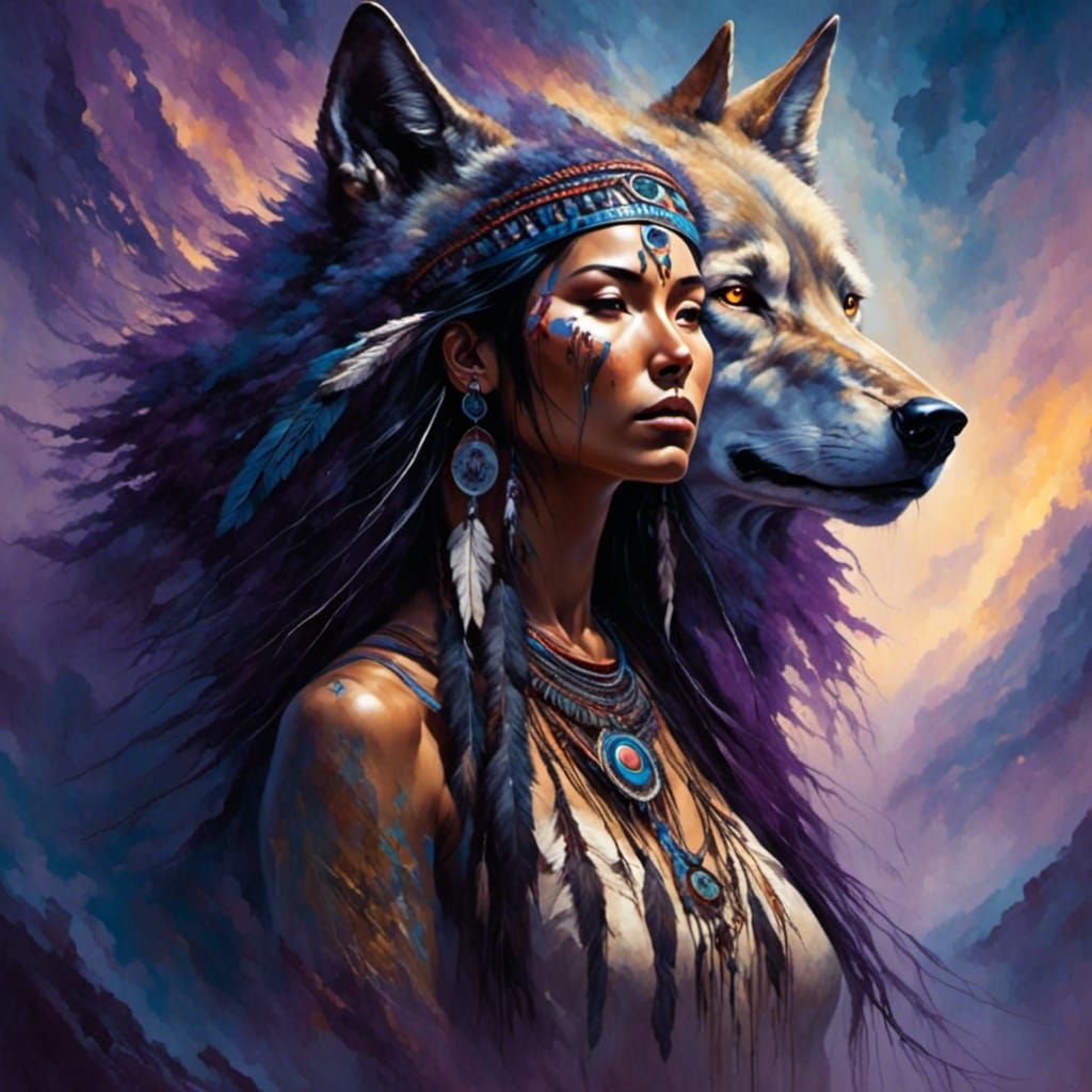 Native Figure with Wolf Spirit Animal