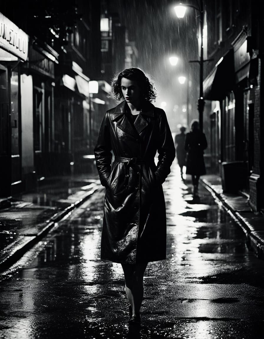 Woman Walks Through Rainy Night in Film Noir Style