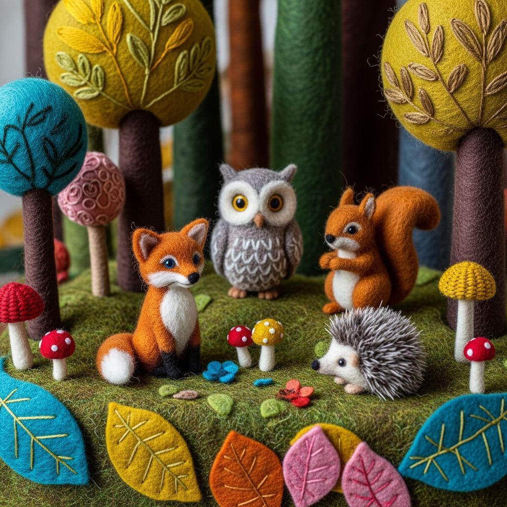 Felted wool artwork of forest animals