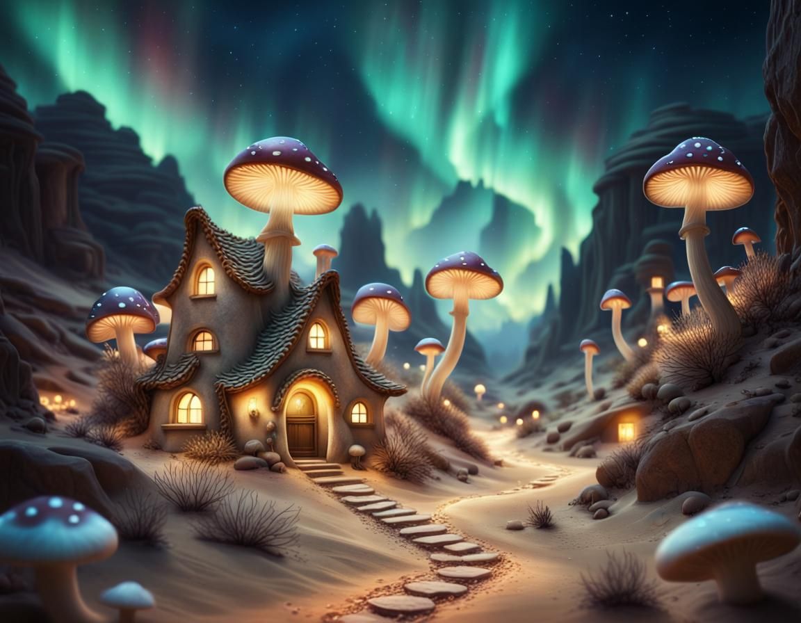 Mystical, desert Canyon, quiet place, at night, blury lights, fantasycore, dwarf houses, bioluminescent mushrooms, boke...