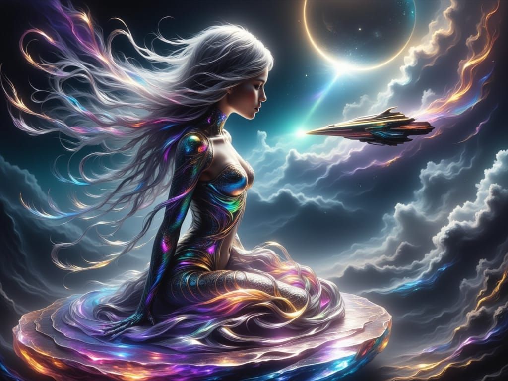 Alien Woman on Floating Rock in Space