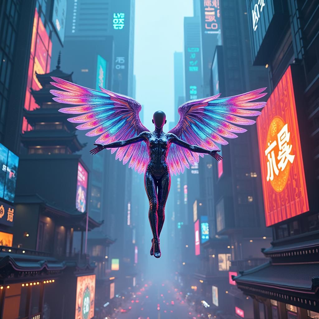 Cyberpunk Figure Soaring Through Neon Cityscape