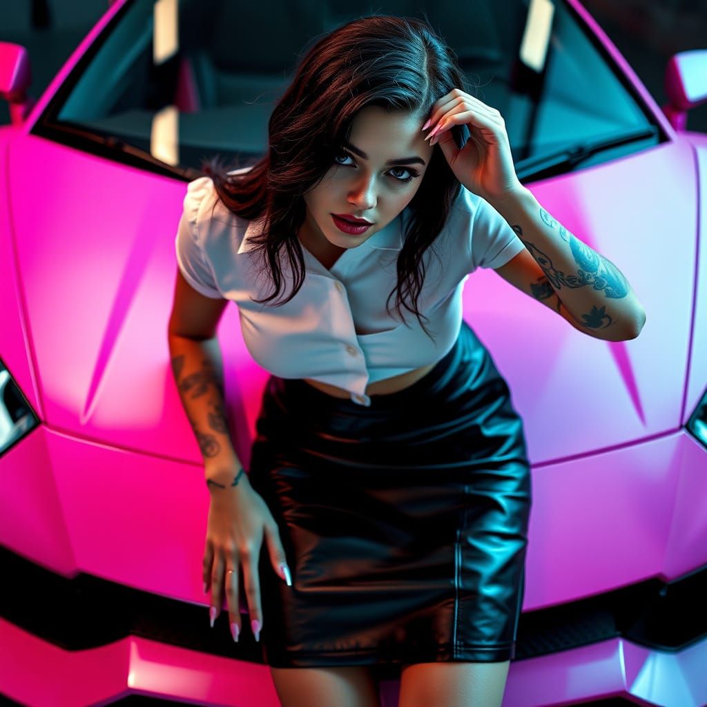 Transgender Woman Posing on Pink Lamborghini, Editorial Phot...