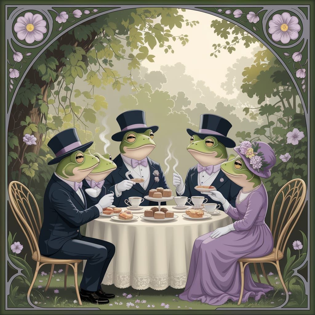 Art Nouveau Frogs Enjoying a Garden Tea Party