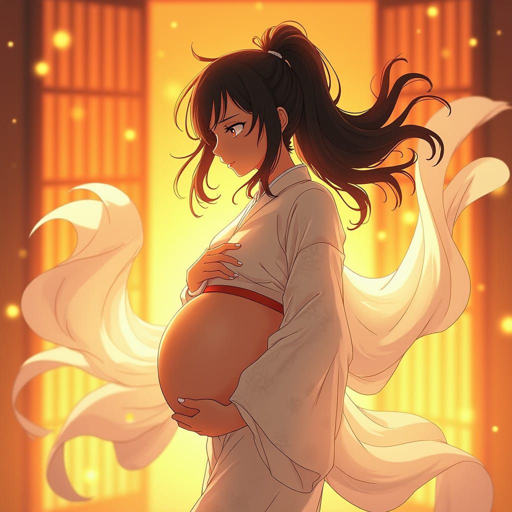 Serene Pregnant Anime Goddess in Traditional Japanese Garb