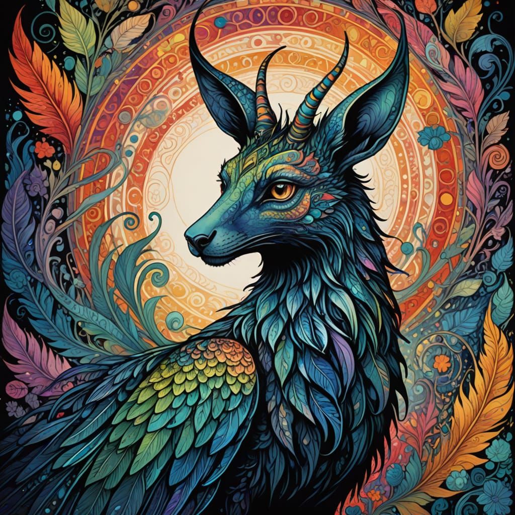 Whimsical Fantasy Creature in Vibrant Ink Illustration