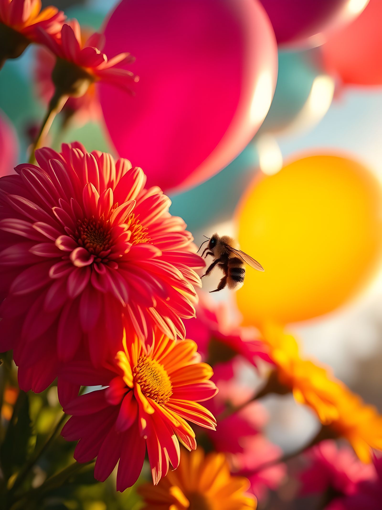 Bright Flowers, Balloons and Bee, Epic Digital Painting