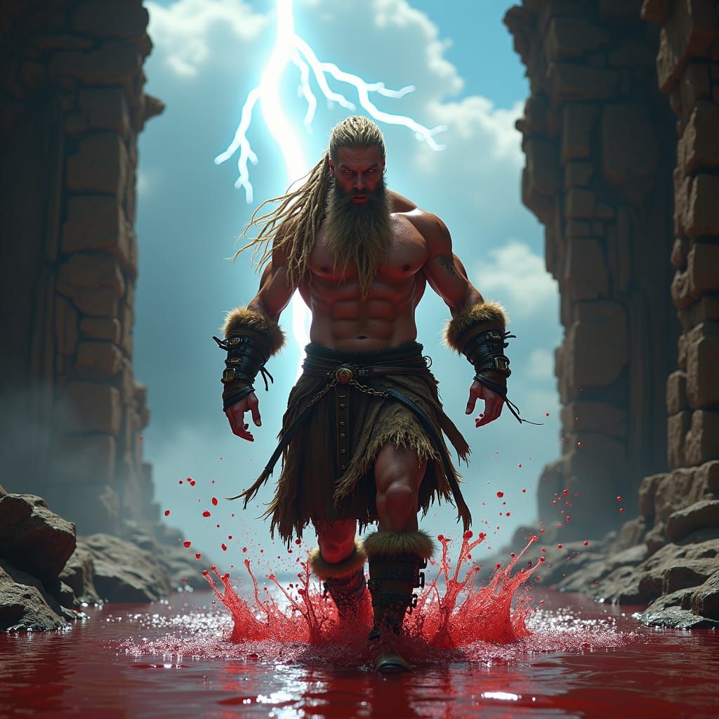 Fierce Barbarian in Blood-Soaked Temple