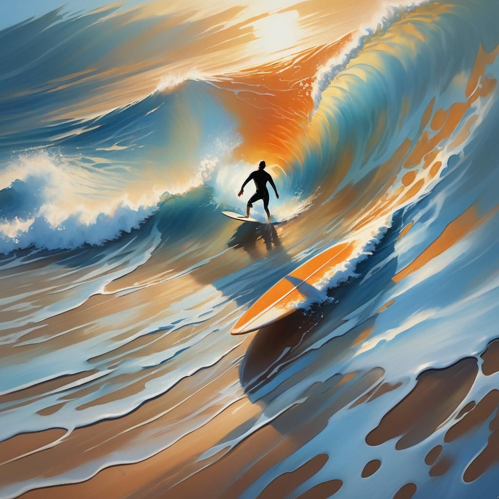 Surreal Wave Rider in Golden Hour: Ethereal Oil Painting