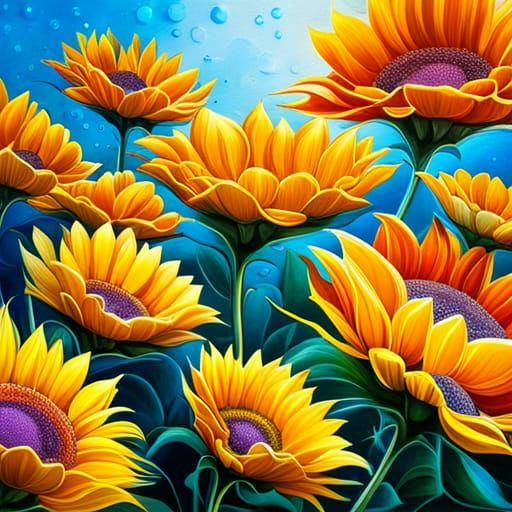 Lush Sunflowers with Dew Drops: Graffiti Art