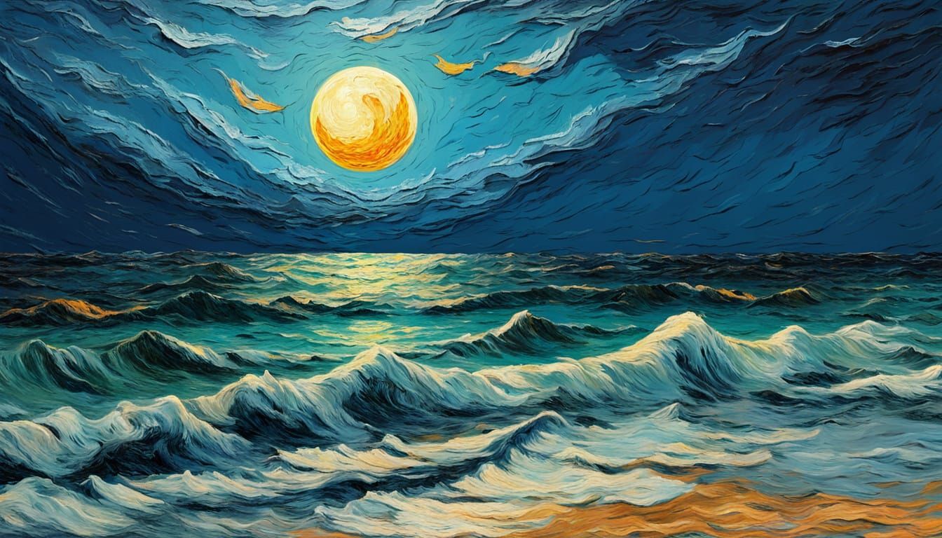 Impasto Moonrise Over Sea in Split-Complementary Colors